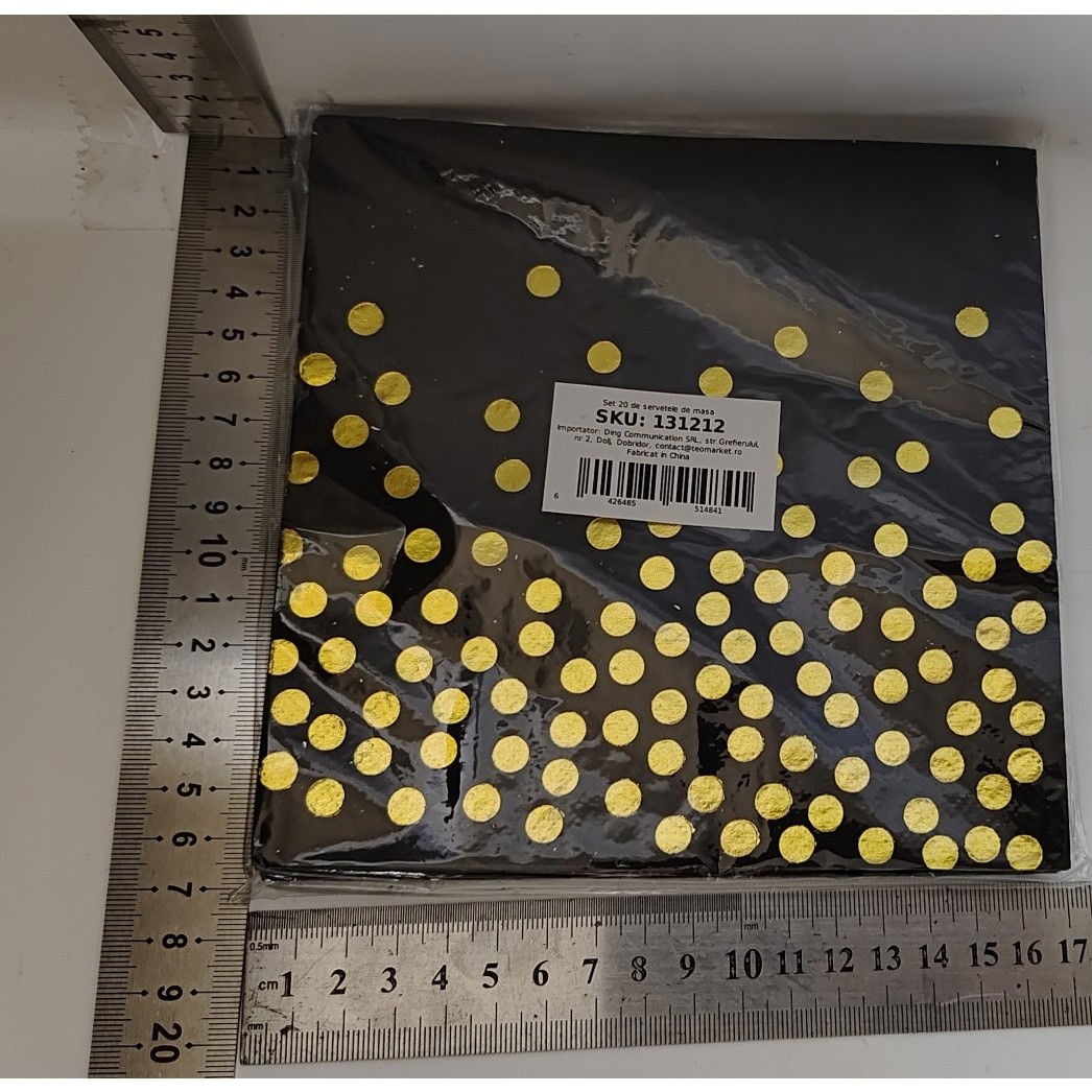 Articole Servire Masa - Set 20 de Servetele de Masa, Flippy, Imprimeu cu Buline Aurii, din Hartie, 17 x 17 cm, Negru