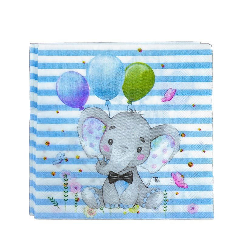 Articole Servire Masa - Set 20 de Servetele de Masa, Flippy, Imprimeu Elefant, din Hartie, 16.5 x 16.5 cm, Albastru