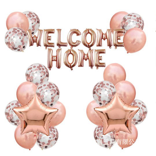 Petrecere - Set baloane folie si latex, Flippy, WELCOME HOME, 22 de piese, 20 baloane latex, 2 baloane stea Folie, 1 set Welcome Home, Rose gold metalic