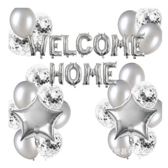 Seturi Baloane Folie - Set baloane folie si latex, Flippy, WELCOME HOME, 22 de piese, 20 baloane latex, 2 baloane stea Folie, 1 set Welcome Home, Argintiu
