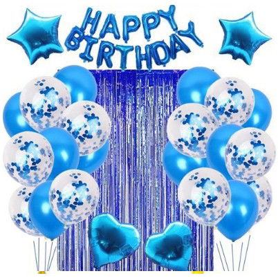 50 - 100 LEI - Set 24 de baloane folie si latex, 10 baloane latex simple, 10 bloane latex cu paiete, 4 baloane folie, ribon, 1x2 m perdea, Albastru