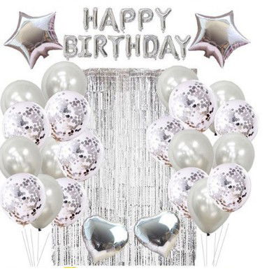 Seturi Baloane Folie - Set 24 de baloane folie si latex, 10 baloane latex simple, 10 bloane latex cu paiete, 4 baloane folie, ribon, 1x2 m perdea, Argintiu