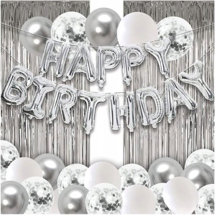 Seturi Baloane Folie - Set 24 de baloane folie si latex, 10 baloane latex simple, 10 bloane latex cu paiete, 4 baloane folie, ribon, 1x2 m perdea, Argintiu
