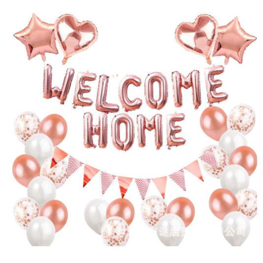 Seturi Baloane Folie - Set baloane folie si latex, Flippy, WELCOME HOME, 24 de piese, 20 baloane latex, 4 baloane stea Folie, 1 set Welcome Home, Rose gold metal
