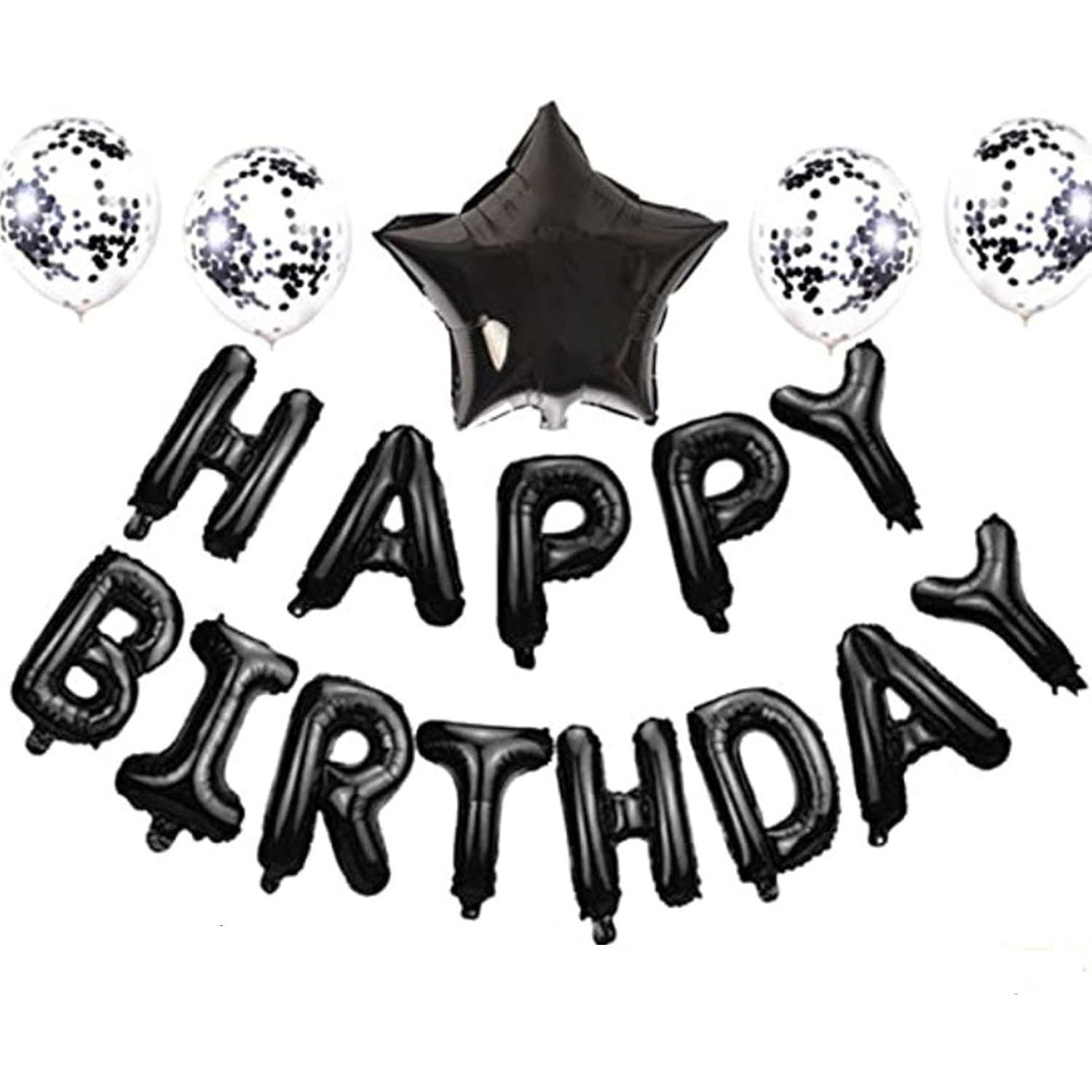 Seturi Baloane Folie - Set 25 de Baloane din Folie Metalizata si Latex, Flippy, Figurine 2 Stele, 4 Baloane Confetti, 13 Litere, 6 Latex, Model Happy Birthday, Tema Aniversare, 40 cm, Ambalaj Individual, Pai Inclus, Umflare