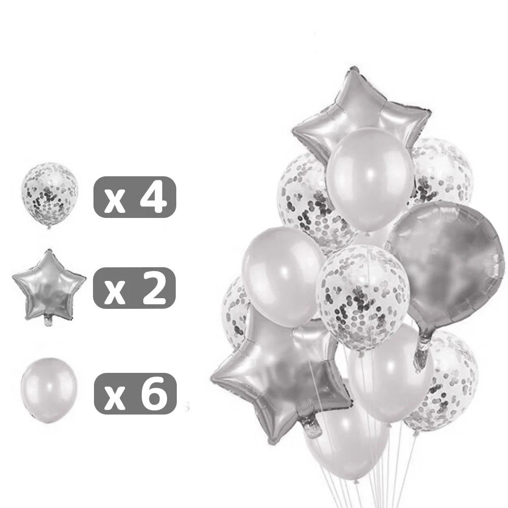 Seturi Baloane Folie - Set 25 de Baloane din Folie Metalizata si Latex, Flippy, Figurine 2 Stele, 4 Baloane Confetti, 13 Litere, 6 Latex, Model Happy Birthday, Tema Aniversare, 40 cm, Ambalaj Individual, Pai Inclus, Umflare