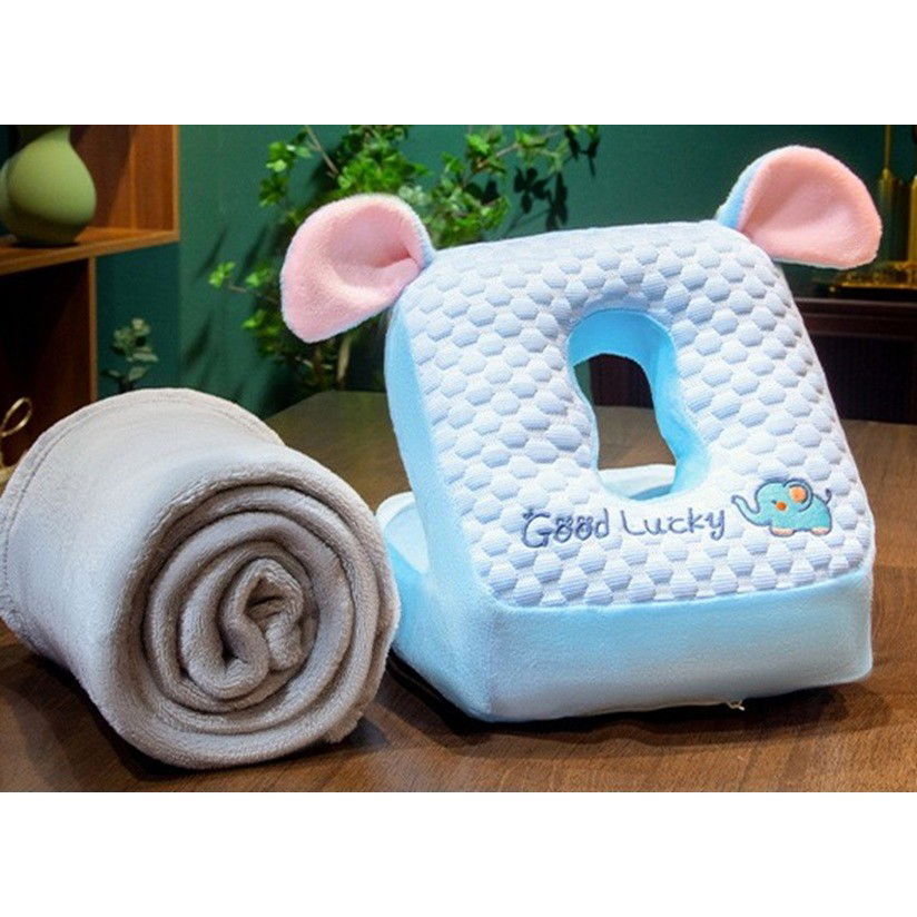 Set 2in1 Patura Microfibra si Perna din Spuma, Flippy, pentru Birou, Calatorii, Pauze, Model Elefant, Microfibra, 1x1.7 m, 30x35x30 cm, Albastru [3]