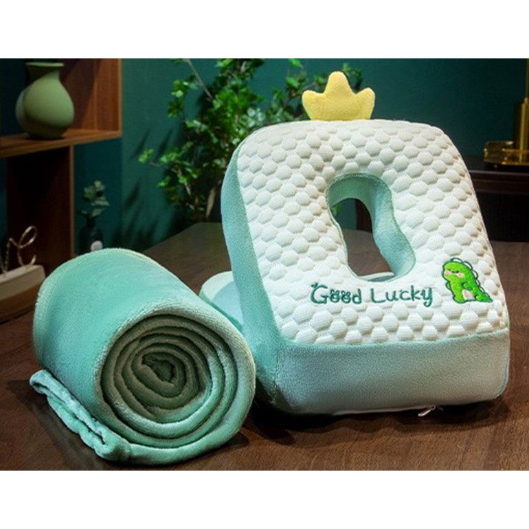 Set 2in1 Patura Microfibra si Perna din Spuma, Flippy, pentru Birou, Calatorii, Pauze, Model Dinozaur, Microfibra, 1x1.7 m, 30x35x30 cm, Verde [3]