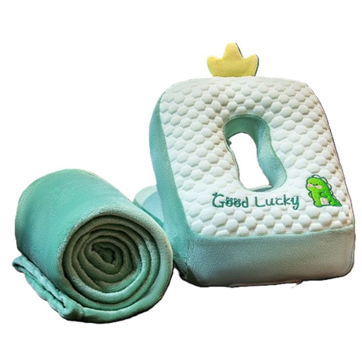 Perne Voiaj, Paturi si Textile - Set 2in1 Patura Microfibra si Perna din Spuma, Flippy, pentru Birou, Calatorii, Pauze, Model Dinozaur, Microfibra, 1x1.7 m, 30x35x30 cm, Verde