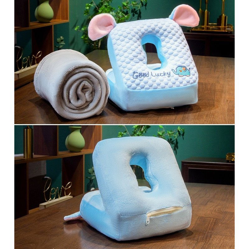 Set 2in1 Patura Microfibra si Perna din Spuma, Flippy, pentru Birou, Calatorii, Pauze, Model Elefant, Microfibra, 1x1.7 m, 30x35x30 cm, Albastru [4]