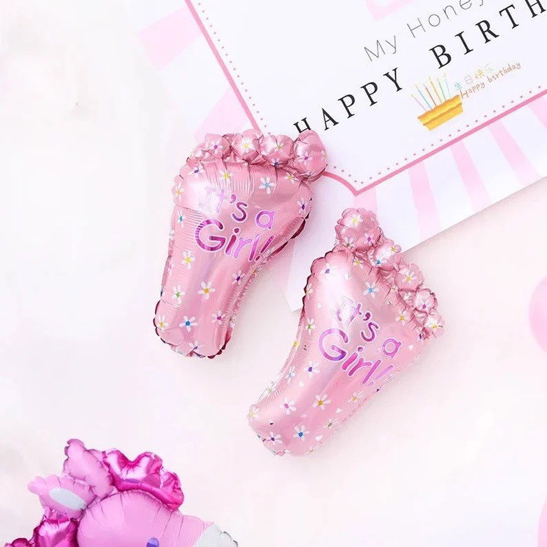Set 3 Baloane din Folie Metalizata, Flippy, Figurine Picior 46x79 cm, Inima 45 cm, Stea 45cm, Model It's a Girl, Tema Gender Reveal, Ambalaj Individual, Pai Inclus, Umflare cu Aer sau Heliu, Roz [10]