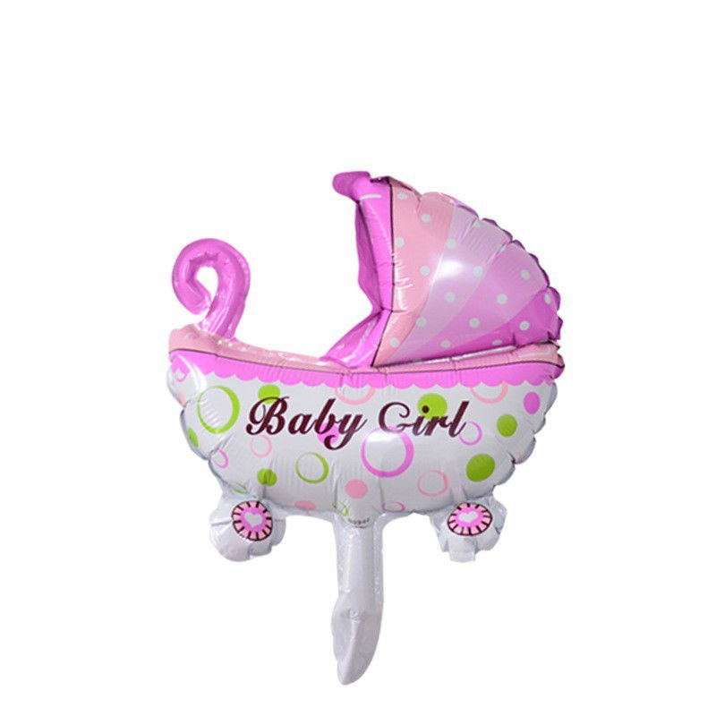 Tematica Fata/Baiat - Set 3 Baloane din Folie Metalizata, Flippy, Figurine Carucior, Inima, Fundita, Tema Botez, 45 cm, Ambalaj Individual, Pai Inclus, Umflare cu Aer sau Heliu, Roz