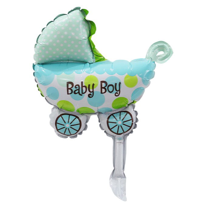 Tematica Fata/Baiat - Set 3 Baloane din Folie Metalizata, Flippy, Figurine Carucior, Inima, Fundita, Tema Botez, 45 cm, Ambalaj Individual, Pai Inclus, Umflare cu Aer sau Heliu, Albastru