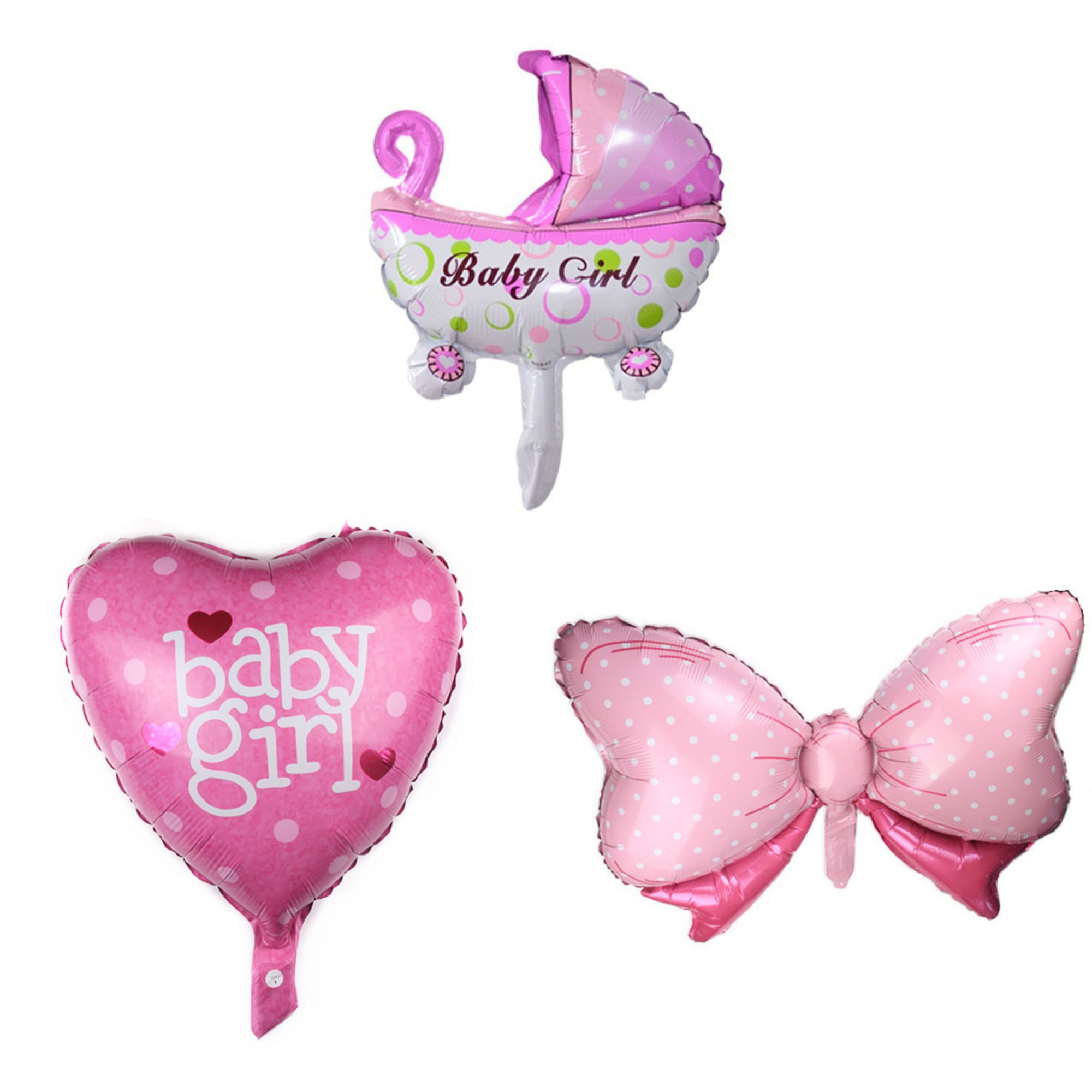Tematica Fata/Baiat - Set 3 Baloane din Folie Metalizata, Flippy, Figurine Carucior, Inima, Fundita, Tema Botez, 45 cm, Ambalaj Individual, Pai Inclus, Umflare cu Aer sau Heliu, Roz