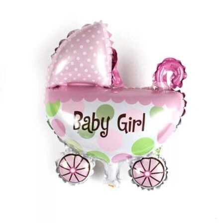 Set 3 Baloane din Folie Metalizata, Flippy, Figurine Carucior, Inima, Fundita, Tema Botez, 45 cm, Ambalaj Individual, Pai Inclus, Umflare cu Aer sau Heliu, Roz [8]