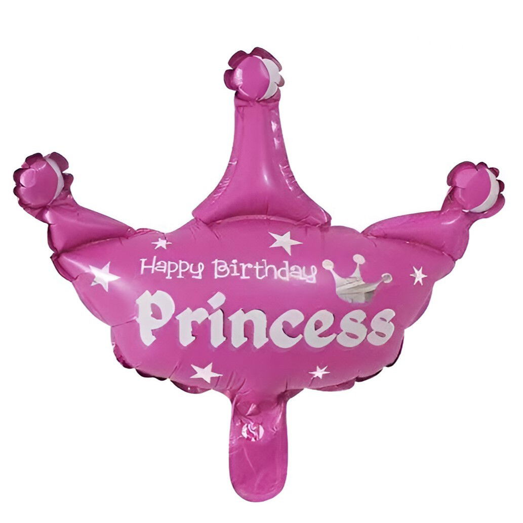 Tematica Fata/Baiat - Set 3 Baloane din Folie Metalizata, Flippy, Figurine Coroana si Stea, Model Aniversare, 40 cm, Ambalaj Individual, Pai Inclus, Umflare cu Aer sau Heliu, Roz