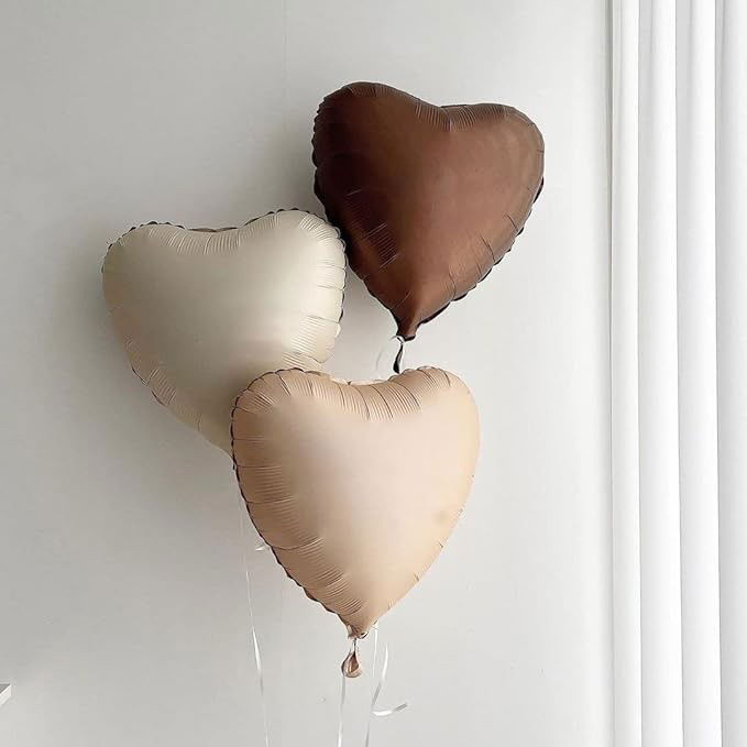 Set 3 Baloane din Folie Metalizata, Flippy, Figurine Inimi, Tema Ziua Indragostitilor, 45 cm, Ambalaj Individual, Pai Inclus, Umflare cu Aer sau Heliu, Crem/Maro [4]