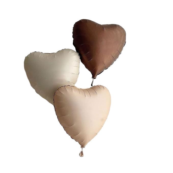 Seturi Baloane Folie - Set 3 Baloane din Folie Metalizata, Flippy, Figurine Inimi, Tema Ziua Indragostitilor, 45 cm, Ambalaj Individual, Pai Inclus, Umflare cu Aer sau Heliu, Crem/Maro
