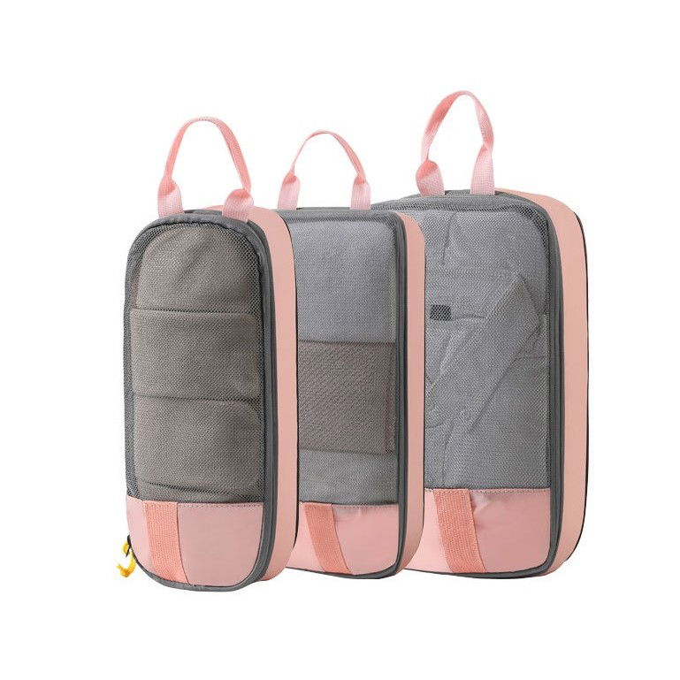 Set 3 Genti de Calatorie Flippy, Pentru Depozitare, Compresibile, 3 Dimensiuni, Mic, Mediu, Mare, Impermeabile, Fermoar Dublu, Roz [18]