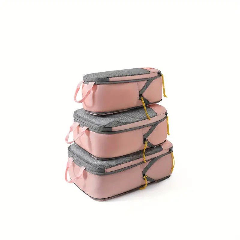 Set 3 Genti de Calatorie Flippy, Pentru Depozitare, Compresibile, 3 Dimensiuni, Mic, Mediu, Mare, Impermeabile, Fermoar Dublu, Roz [4]