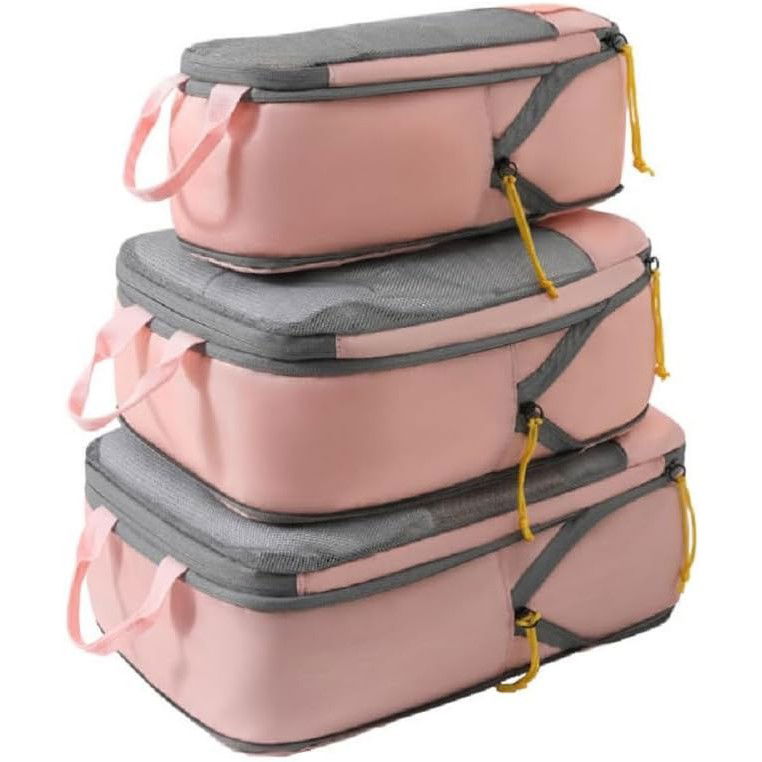 Set 3 Genti de Calatorie Flippy, Pentru Depozitare, Compresibile, 3 Dimensiuni, Mic, Mediu, Mare, Impermeabile, Fermoar Dublu, Roz [6]