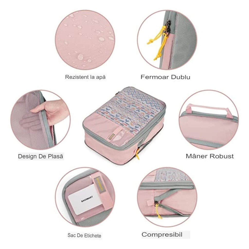 Set 3 Genti de Calatorie Flippy, Pentru Depozitare, Compresibile, 3 Dimensiuni, Mic, Mediu, Mare, Impermeabile, Fermoar Dublu, Roz [11]