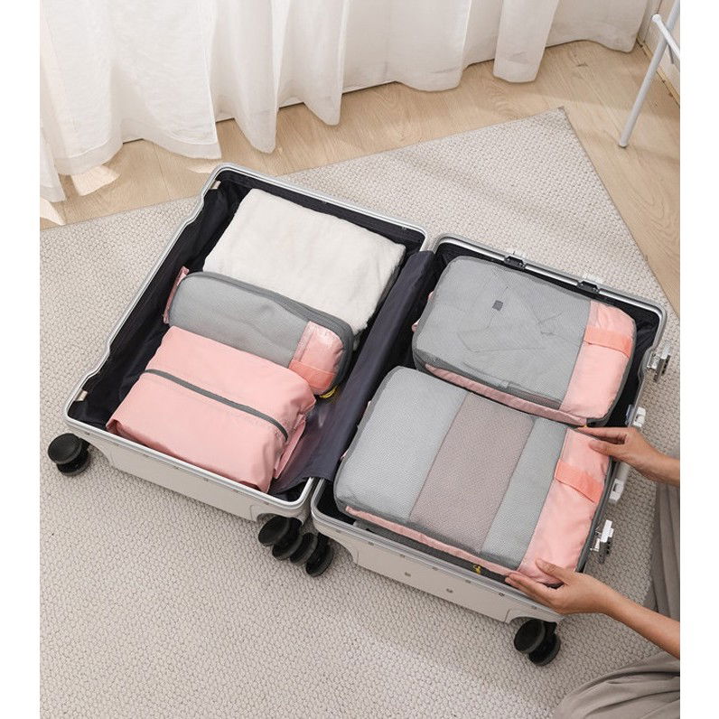 Set 3 Genti de Calatorie Flippy, Pentru Depozitare, Compresibile, 3 Dimensiuni, Mic, Mediu, Mare, Impermeabile, Fermoar Dublu, Roz [16]