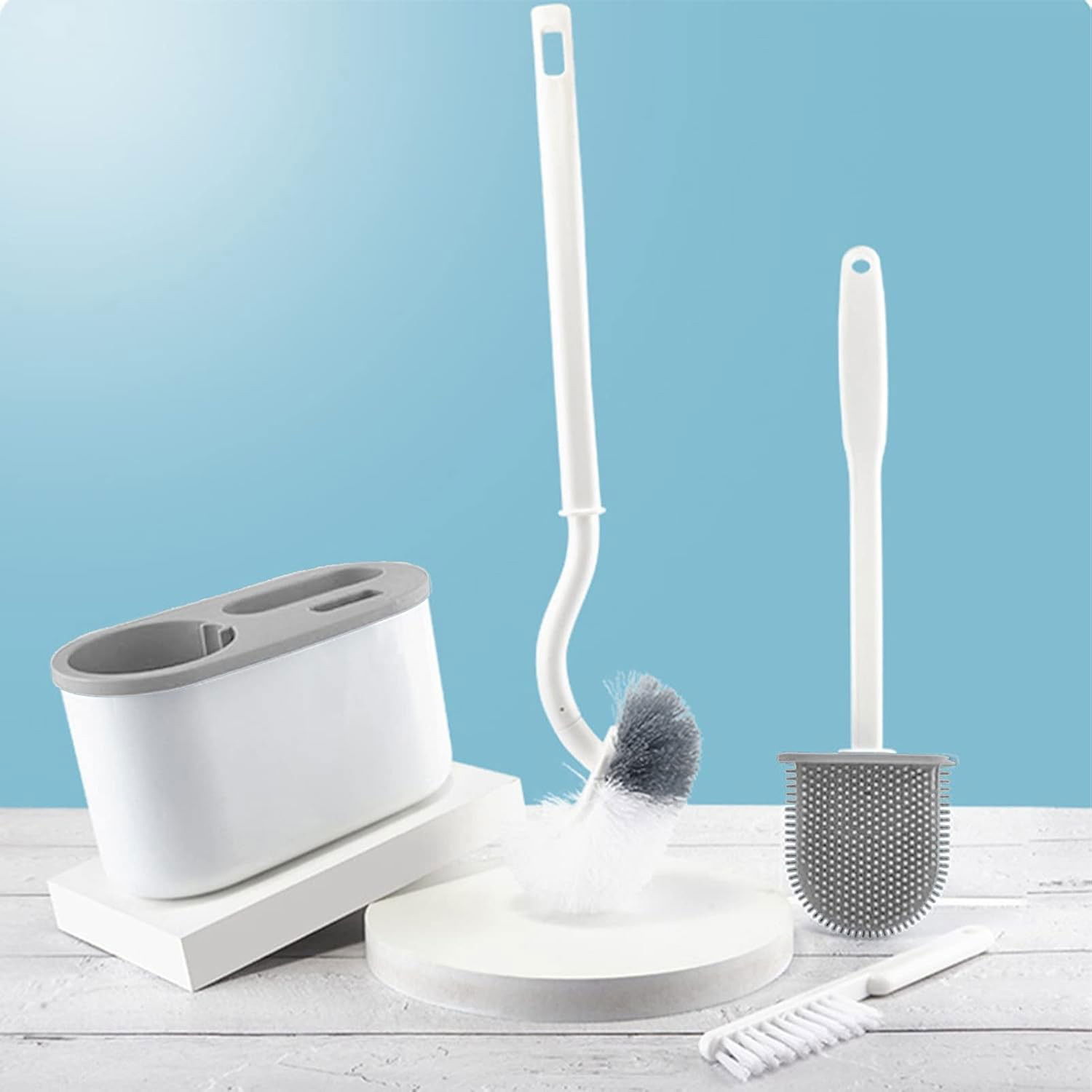 Set 3 Perii pentru Toaleta, Flippy, din Silicon, Perie Zimtata, Cap Flexibil, Suport Adeziv pentru Montarea pe Perete, 39 x 19 x 9.8 cm, Gri/Alb [8]