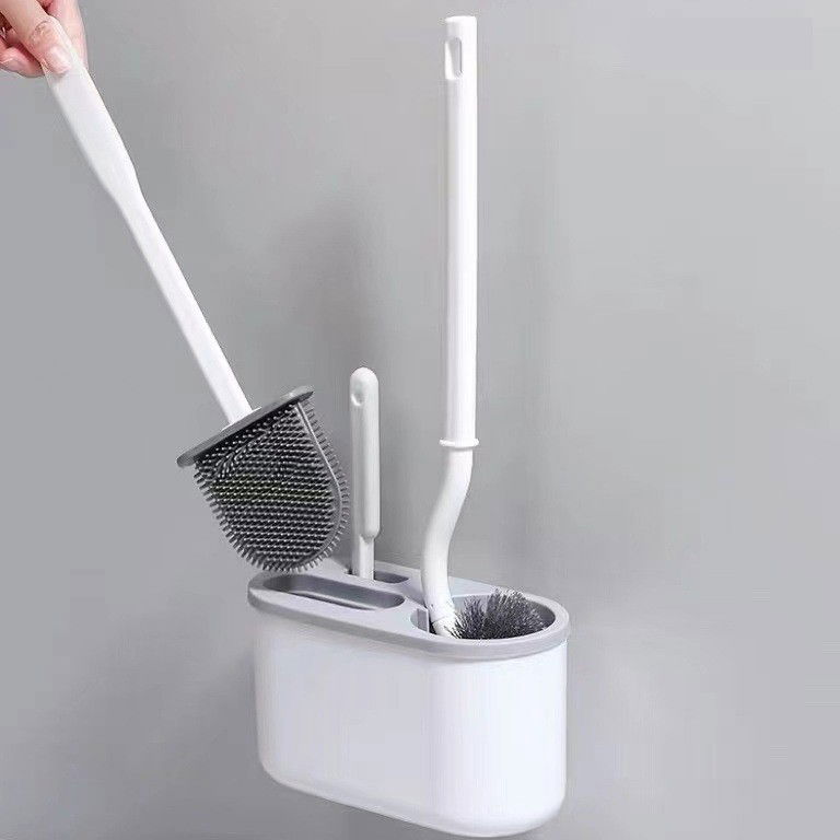 Pentru casa - Set 3 Perii pentru Toaleta, Flippy, din Silicon, Perie Zimtata, Cap Flexibil, Suport Adeziv pentru Montarea pe Perete, 39 x 19 x 9.8 cm, Gri/Alb