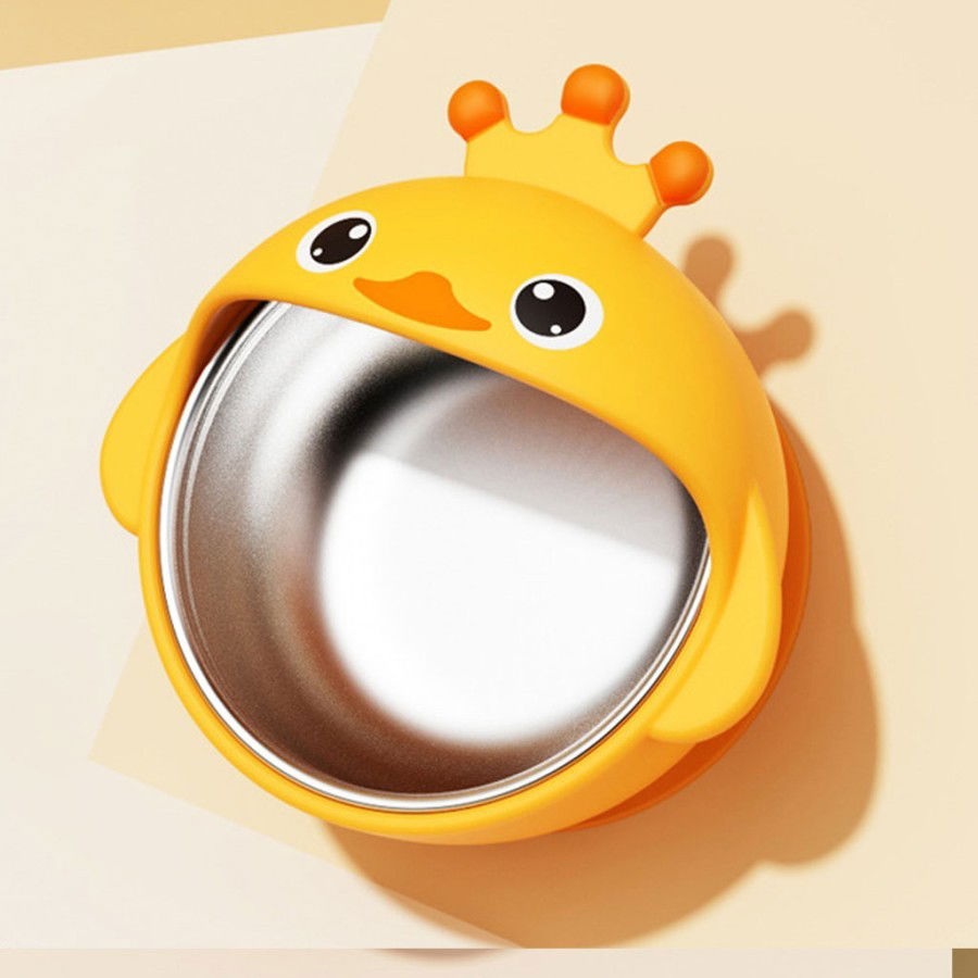 Set 3 Piese Diversificare Bebelusi si Copii, Flippy, Bol, Lingura si Furculita, Model Ratusca, din Silicon si Otel Inoxidabil, Galben [5]