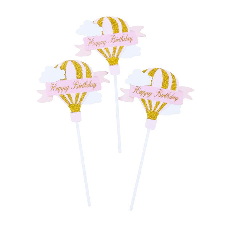 Lumanari si Toppere - Set 3 Toppere pentru Tort, Flippy, Model Balon cu Aer Cald Happy Birthday, Tematica Aniversare, Roz