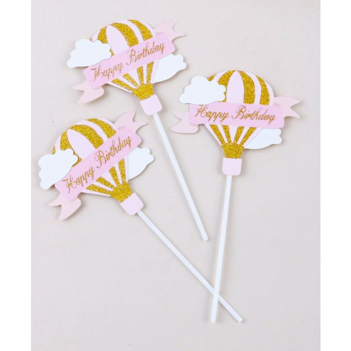 Set 3 Toppere pentru Tort, Flippy, Model Balon cu Aer Cald Happy Birthday, Tematica Aniversare, Roz [6]
