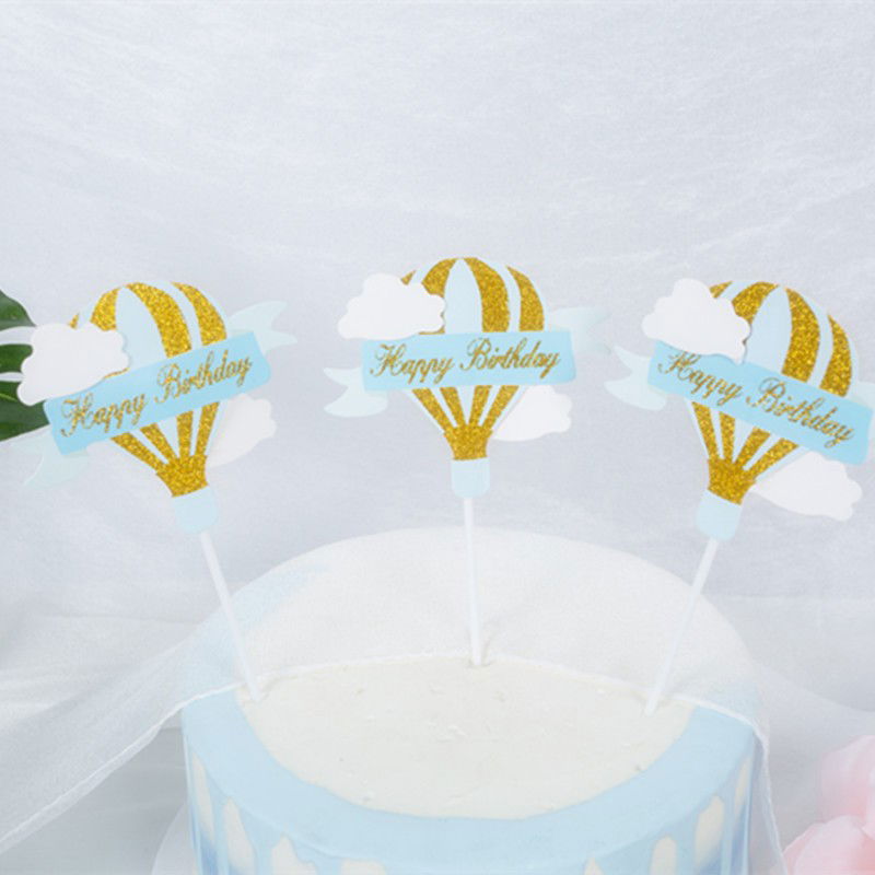 Set 3 Toppere pentru Tort, Flippy, Model Balon cu Aer Cald Happy Birthday, Tematica Aniversare, Albastru [4]