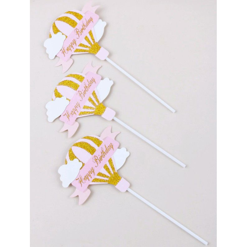 Set 3 Toppere pentru Tort, Flippy, Model Balon cu Aer Cald Happy Birthday, Tematica Aniversare, Roz [7]