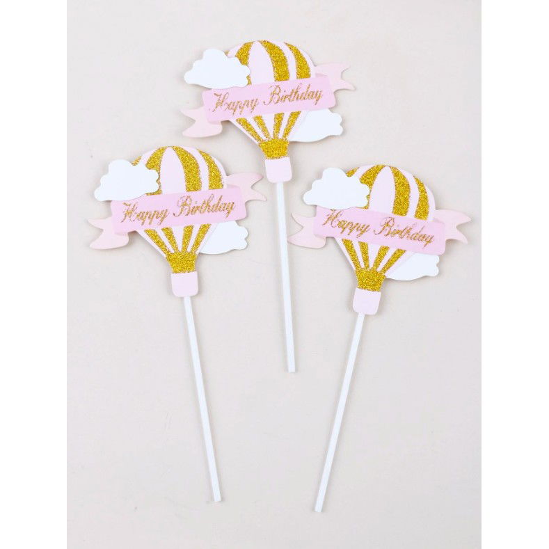 Set 3 Toppere pentru Tort, Flippy, Model Balon cu Aer Cald Happy Birthday, Tematica Aniversare, Roz [8]