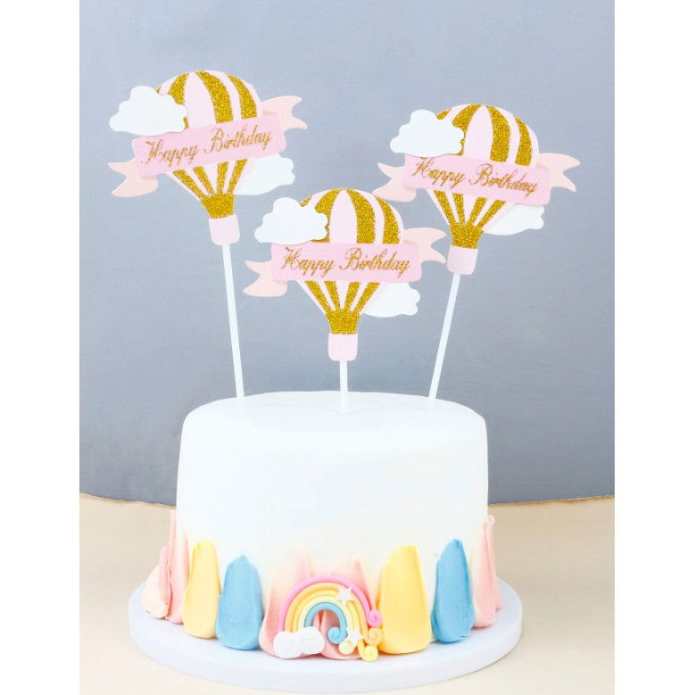 Set 3 Toppere pentru Tort, Flippy, Model Balon cu Aer Cald Happy Birthday, Tematica Aniversare, Roz [5]