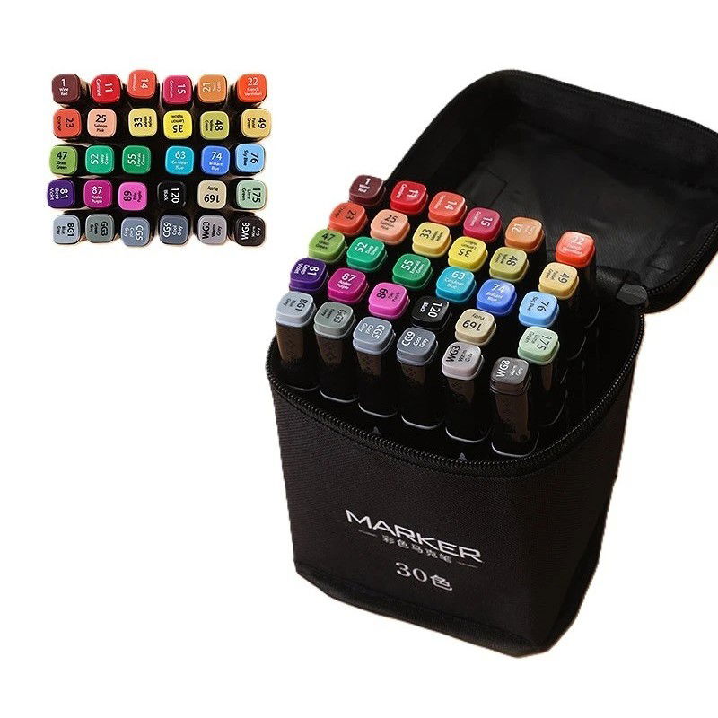 Markere si Set Desen - Set 30 Markere, Flippy, pe Baza de Ulei, Dublu Capat, Subtire 1mm si Gros 6 mm, Geanta Depozitare, 15 cm, Multicolor