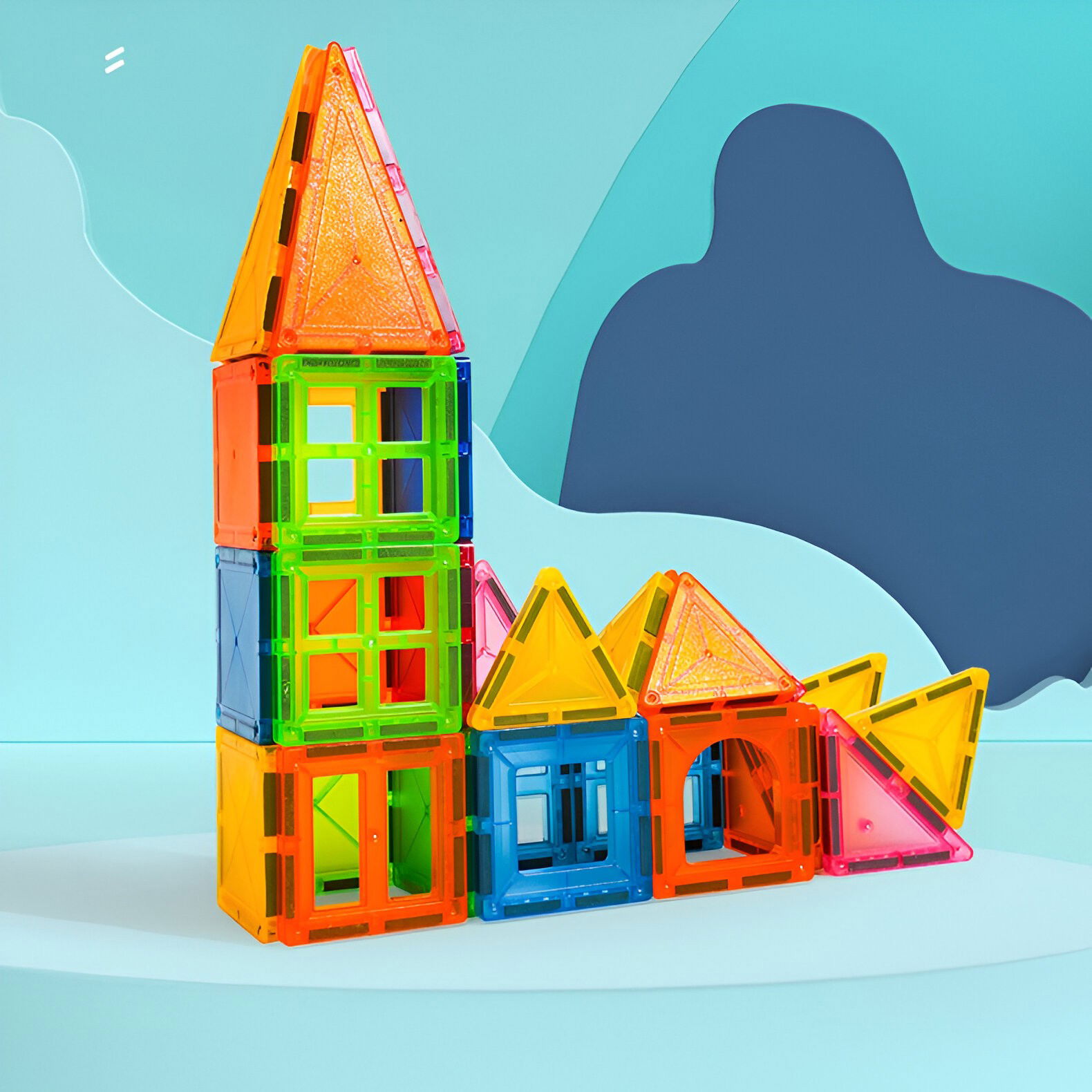 Set 32 Piese Magnetice de Constructie, Flippy, Piese 5.5 cm, Magnetic Tiles, Forme Geometrice, 3 Ani, ABS, Magnet, 20.5 x 14.5 x 12 cm, Multicolor [9]