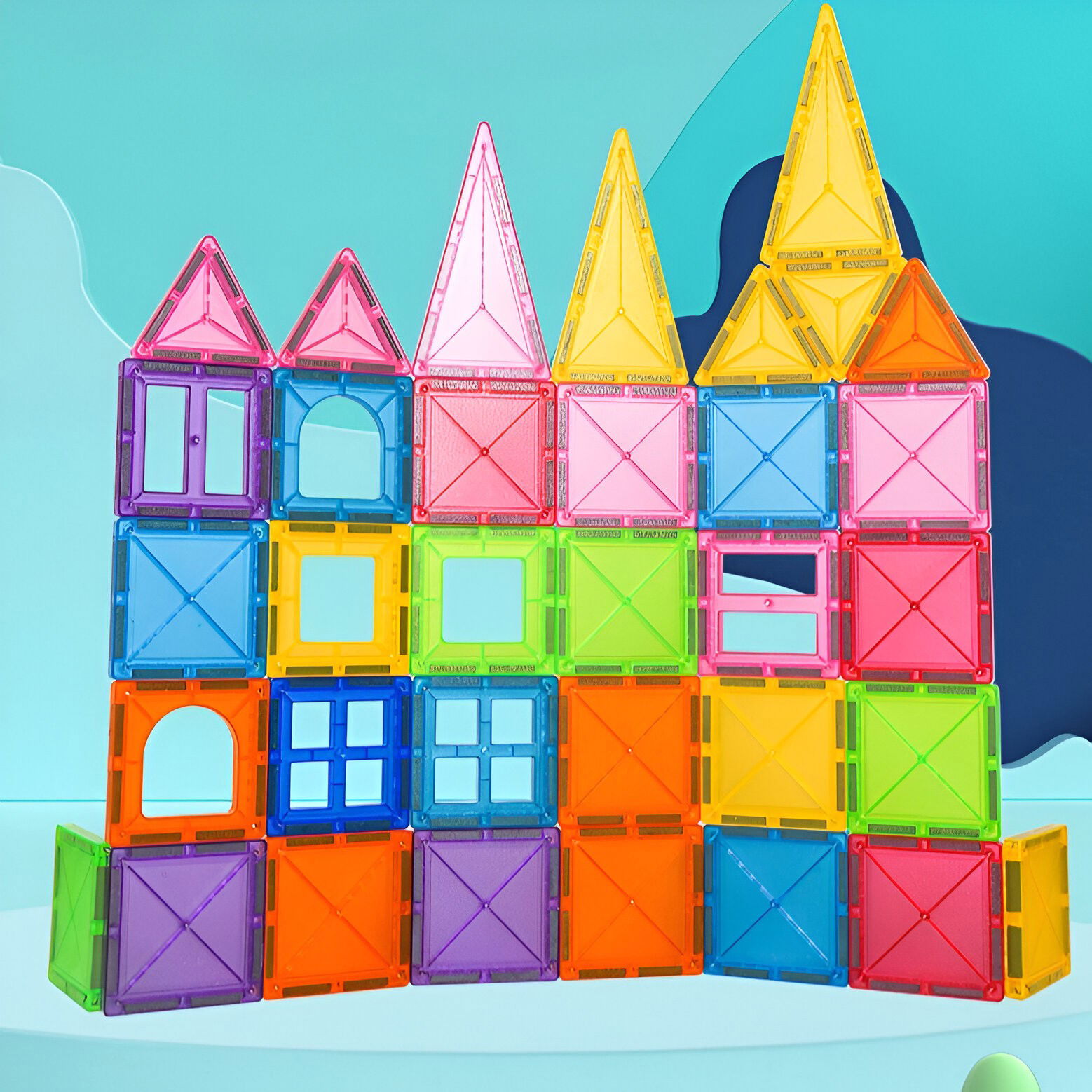 Set 32 Piese Magnetice de Constructie, Flippy, Piese 5.5 cm, Magnetic Tiles, Forme Geometrice, 3 Ani, ABS, Magnet, 20.5 x 14.5 x 12 cm, Multicolor [6]