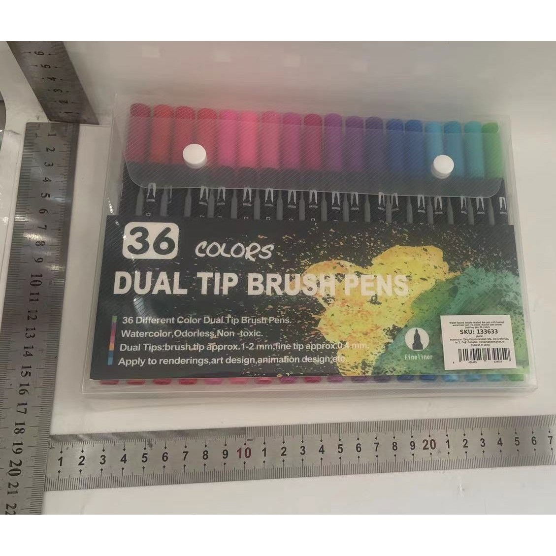 Jucarii Creative - Set 36 Carioci, Flippy, pe Baza de Apa, 2 Tipuri de Varf, 1-2 mm, 0.4 mm, Corp Carioca Negru, din Plastic, Multicolor