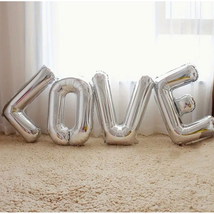 Set 4 Baloane din Folie Metalizata, Flippy, Figurine Litere, Model Scris Love, Tema Iubire, 80 cm, Ambalaj Individual, Pai Inclus, Umflare cu Aer sau Heliu, Argintiu [7]