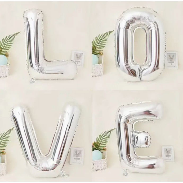 Set 4 Baloane din Folie Metalizata, Flippy, Figurine Litere, Model Scris Love, Tema Iubire, 80 cm, Ambalaj Individual, Pai Inclus, Umflare cu Aer sau Heliu, Argintiu [9]