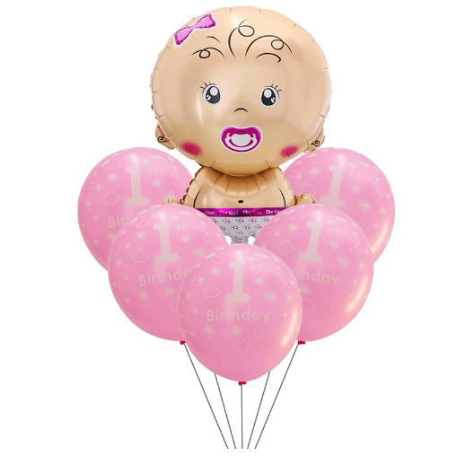 Tematica Fata/Baiat - Set baloane pentru fetite, Flippy, FIRST ANYVERSARY, 5 latex 1 Birthday, 1 balon folie din aluminu baby girl, 71 cm, Roz