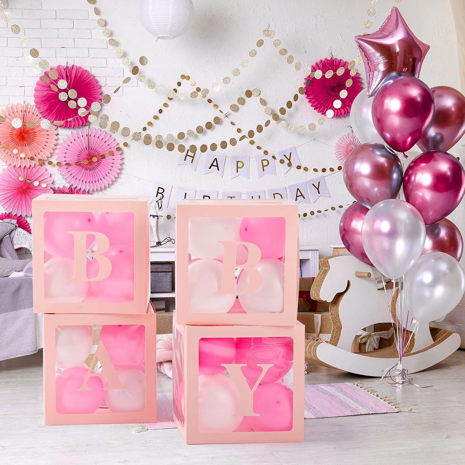 Set 4 Cutii pentru Baloane, Flippy, Model Scris Baby, Tematica Iubire, Cuburi Decorative din Plastic, Accesorii pentru Petrecere, 30 x30 cm, Transparente Contur Roz [5]