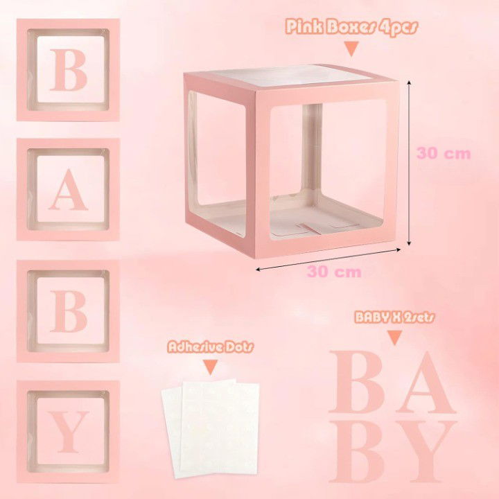 Set 4 Cutii pentru Baloane, Flippy, Model Scris Baby, Tematica Iubire, Cuburi Decorative din Plastic, Accesorii pentru Petrecere, 30 x30 cm, Transparente Contur Roz [7]