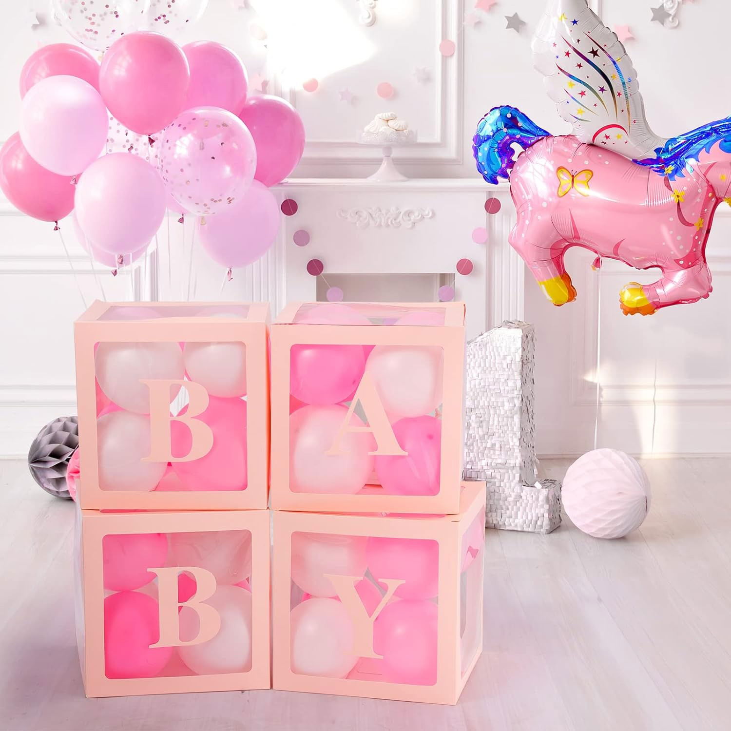 Set 4 Cutii pentru Baloane, Flippy, Model Scris Baby, Tematica Iubire, Cuburi Decorative din Plastic, Accesorii pentru Petrecere, 30 x30 cm, Transparente Contur Roz [4]