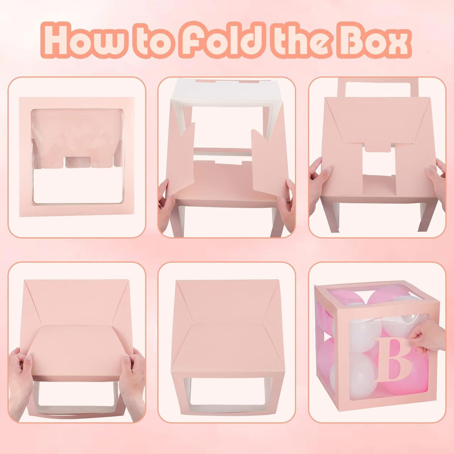 Set 4 Cutii pentru Baloane, Flippy, Model Scris Baby, Tematica Iubire, Cuburi Decorative din Plastic, Accesorii pentru Petrecere, 30 x30 cm, Transparente Contur Roz [3]