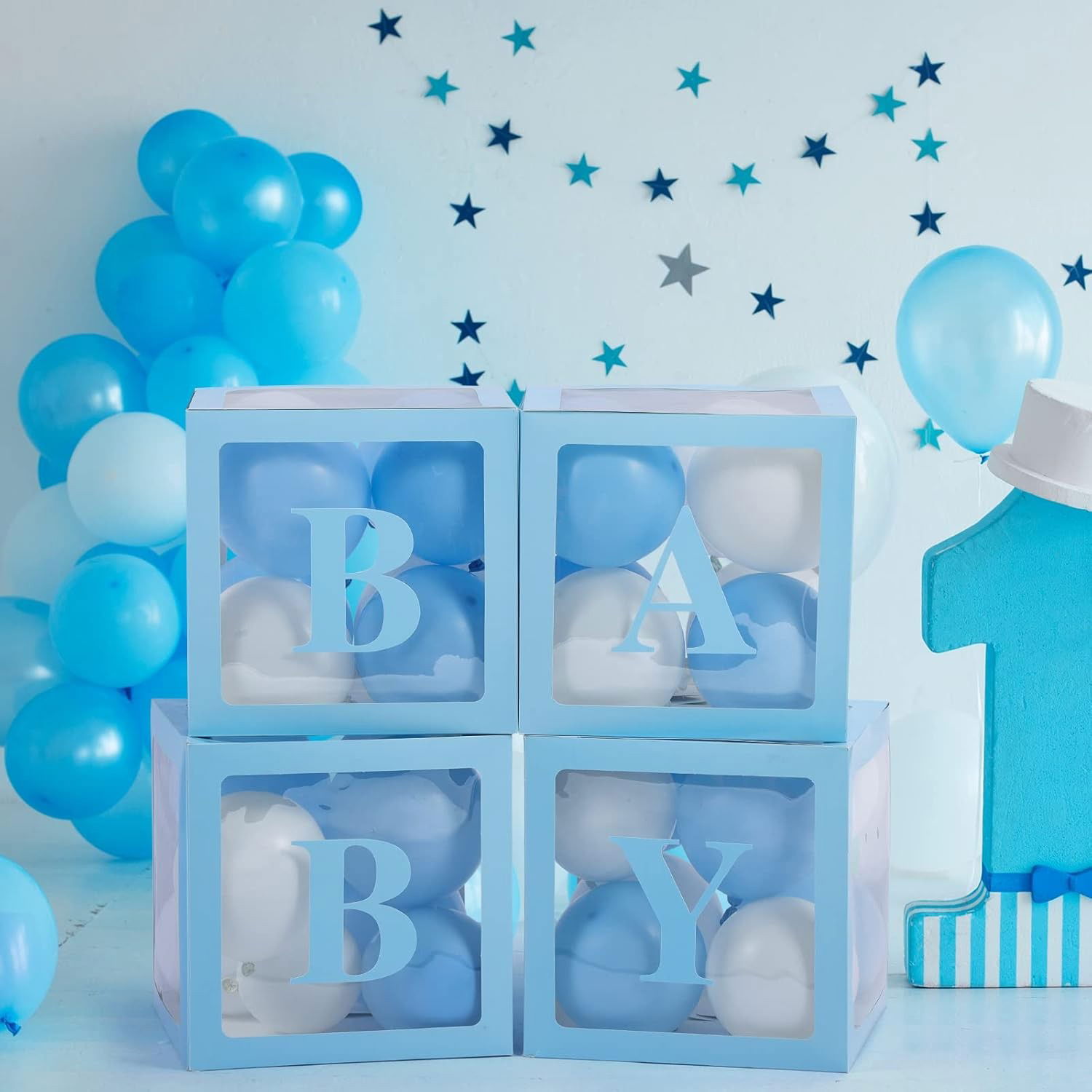 Set 4 Cutii pentru Baloane, Flippy, Model Scris Baby, Tematica Iubire, Cuburi Decorative din Plastic, Accesorii pentru Petrecere, 30 x30 cm, Transparente Contur Albastru [5]