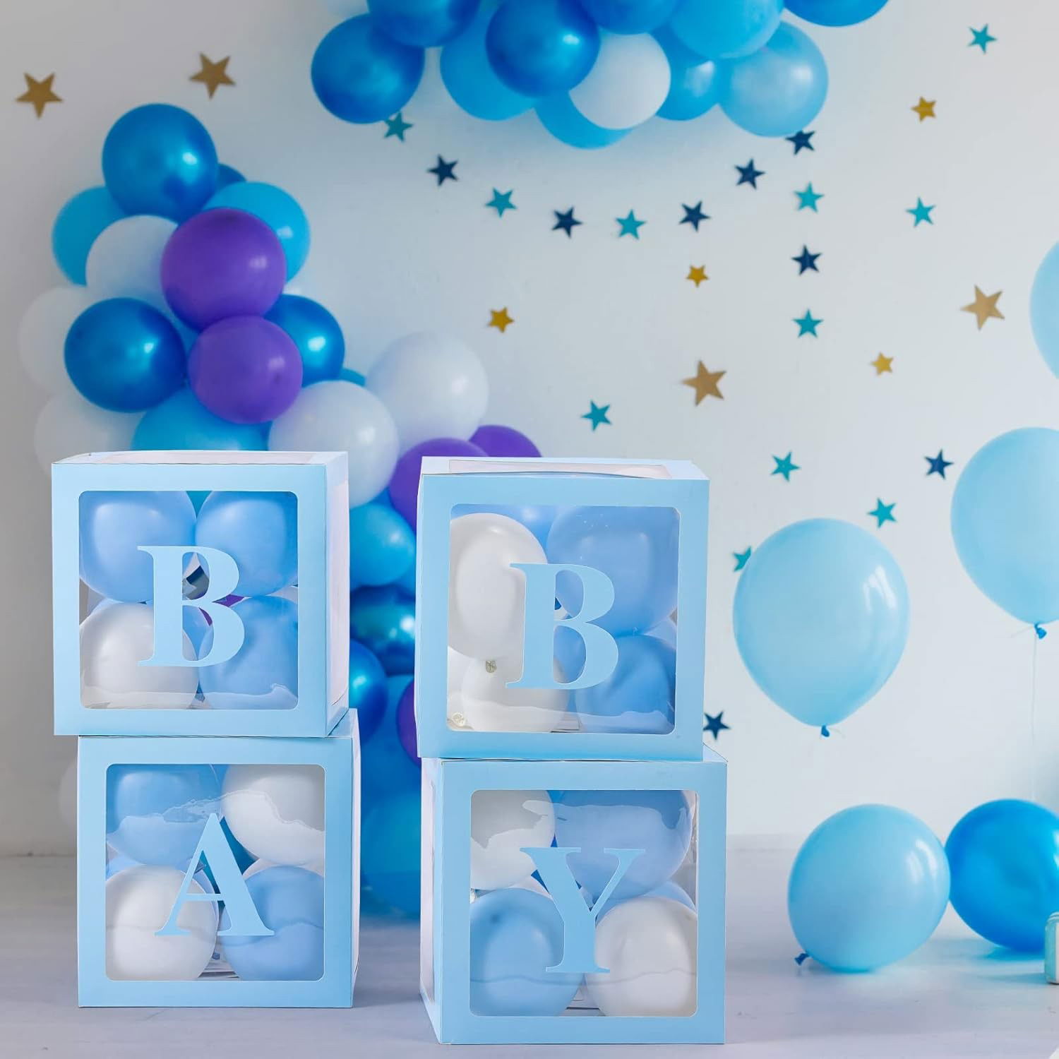 Set 4 Cutii pentru Baloane, Flippy, Model Scris Baby, Tematica Iubire, Cuburi Decorative din Plastic, Accesorii pentru Petrecere, 30 x30 cm, Transparente Contur Albastru [6]