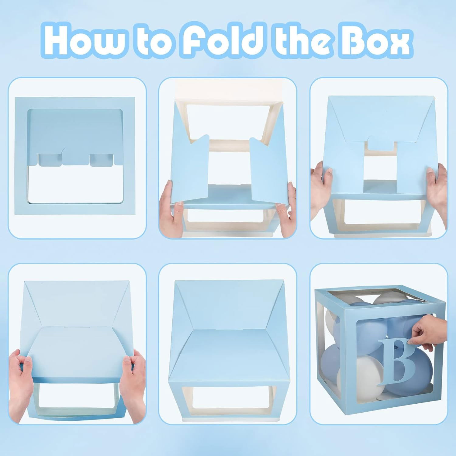 Set 4 Cutii pentru Baloane, Flippy, Model Scris Baby, Tematica Iubire, Cuburi Decorative din Plastic, Accesorii pentru Petrecere, 30 x30 cm, Transparente Contur Albastru [3]